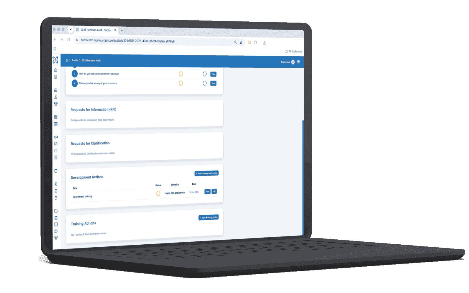 Audit findings, clarification requests and action management on a laptop