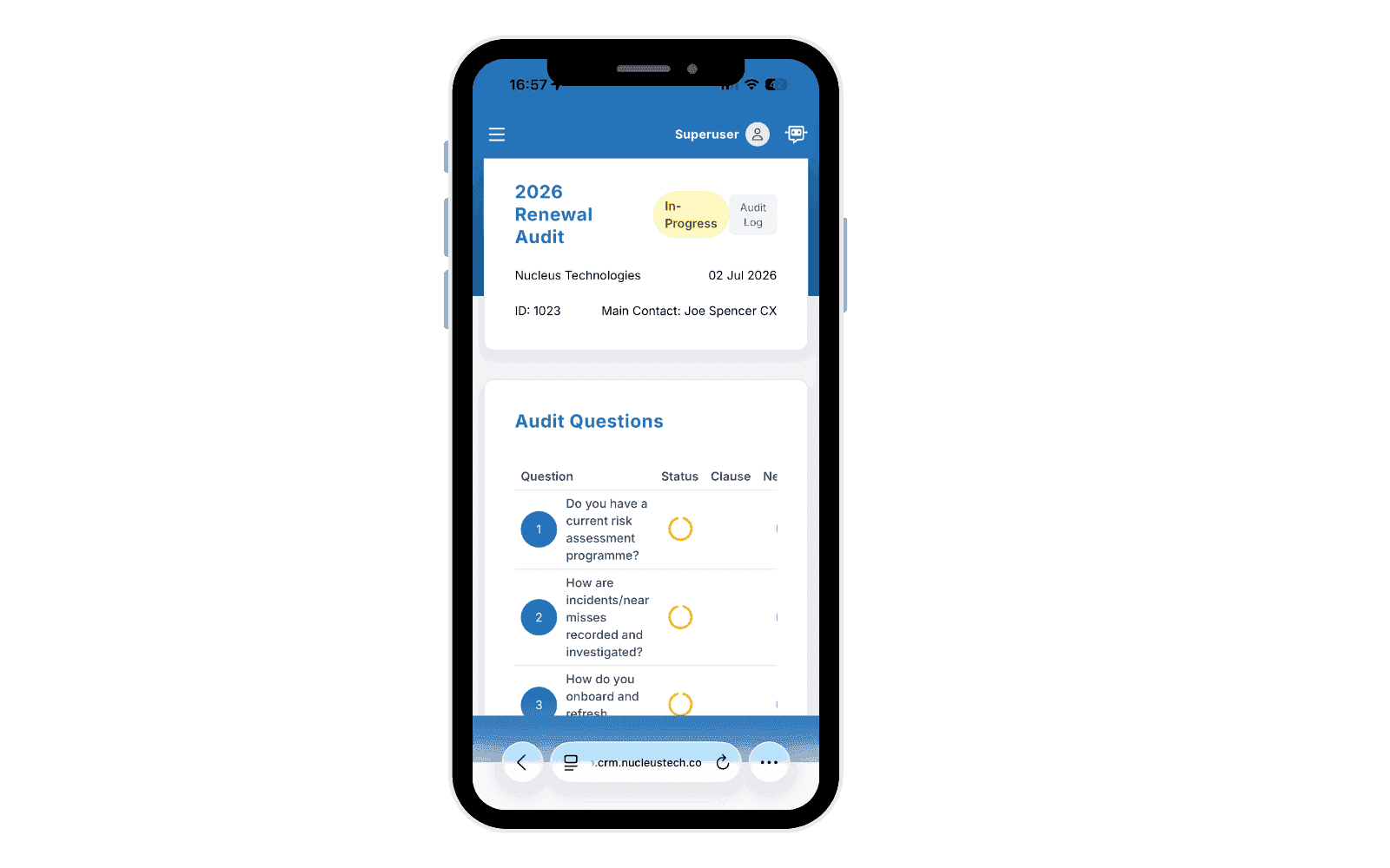 The mobile inspection interface showing a renewal audit and audit questions