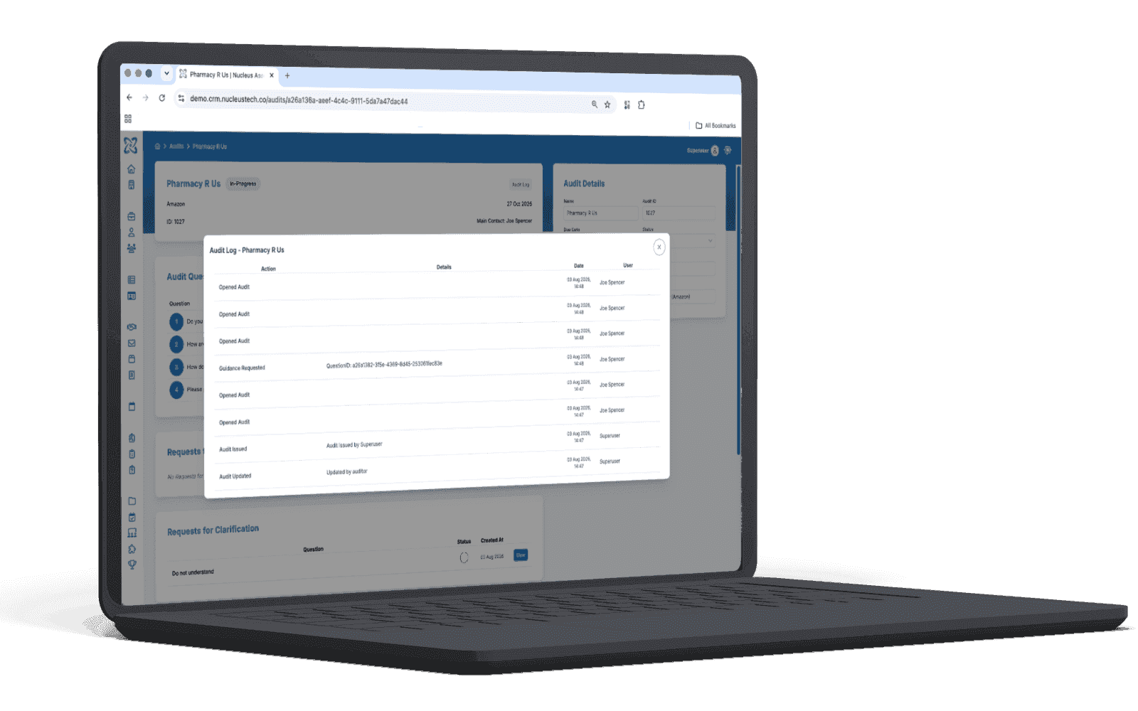 The audit activity log on a laptop