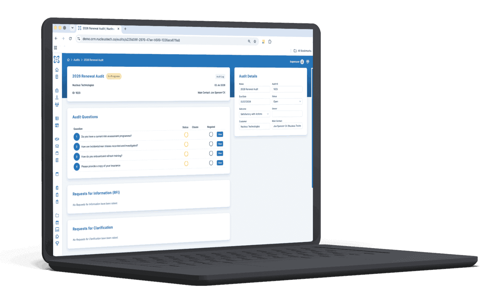 The connected renewal audit workflow on a laptop