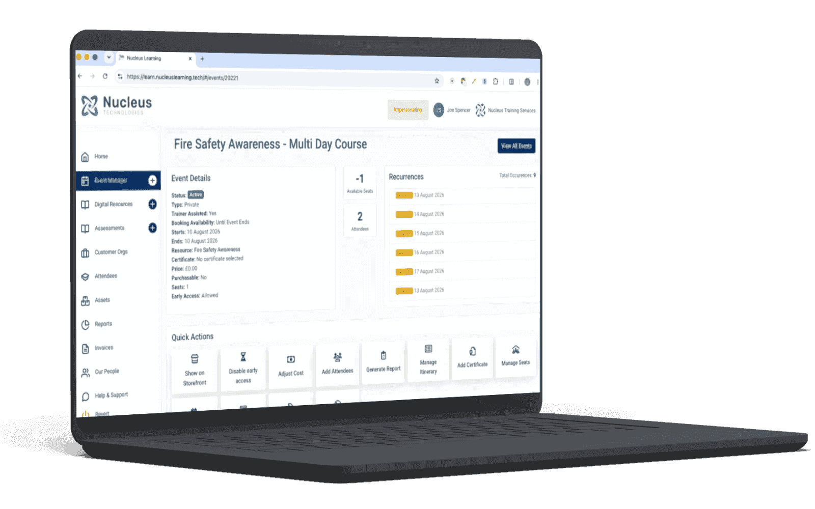 The event creation and scheduling interface