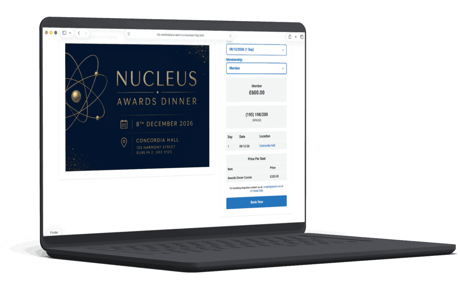 The registration, booking and attendee management interface
