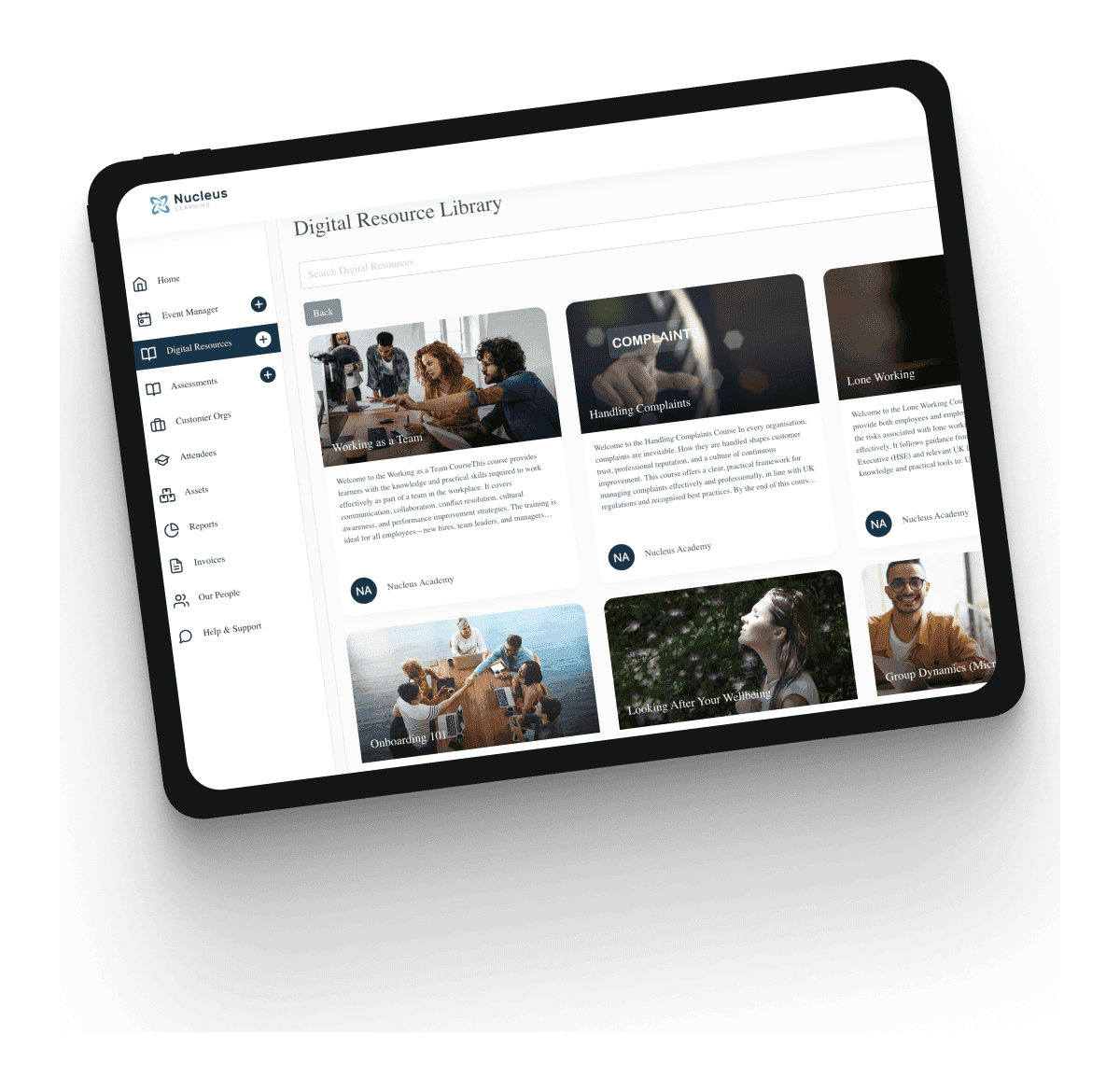 The NucleusOne digital resource library on an angled tablet