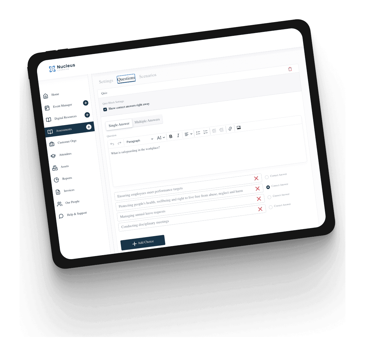 The NucleusOne assessment and quiz builder on an angled tablet