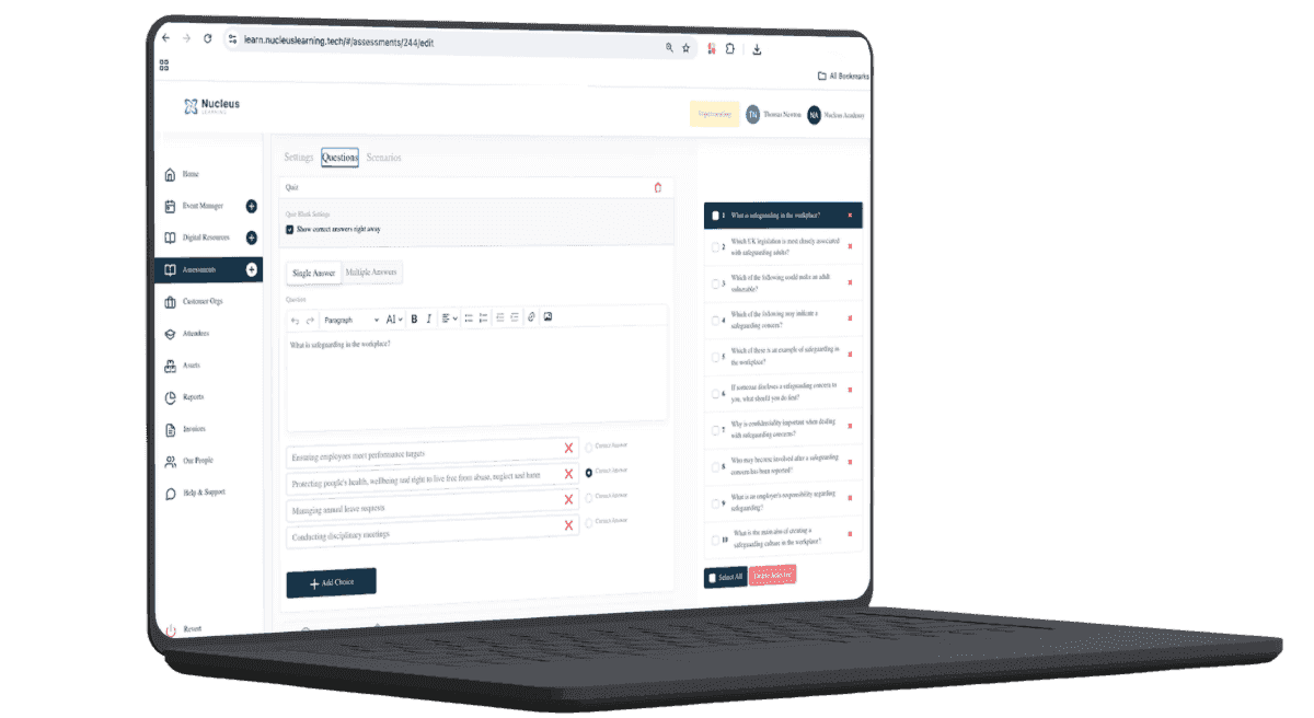 The assessment management interface on a laptop