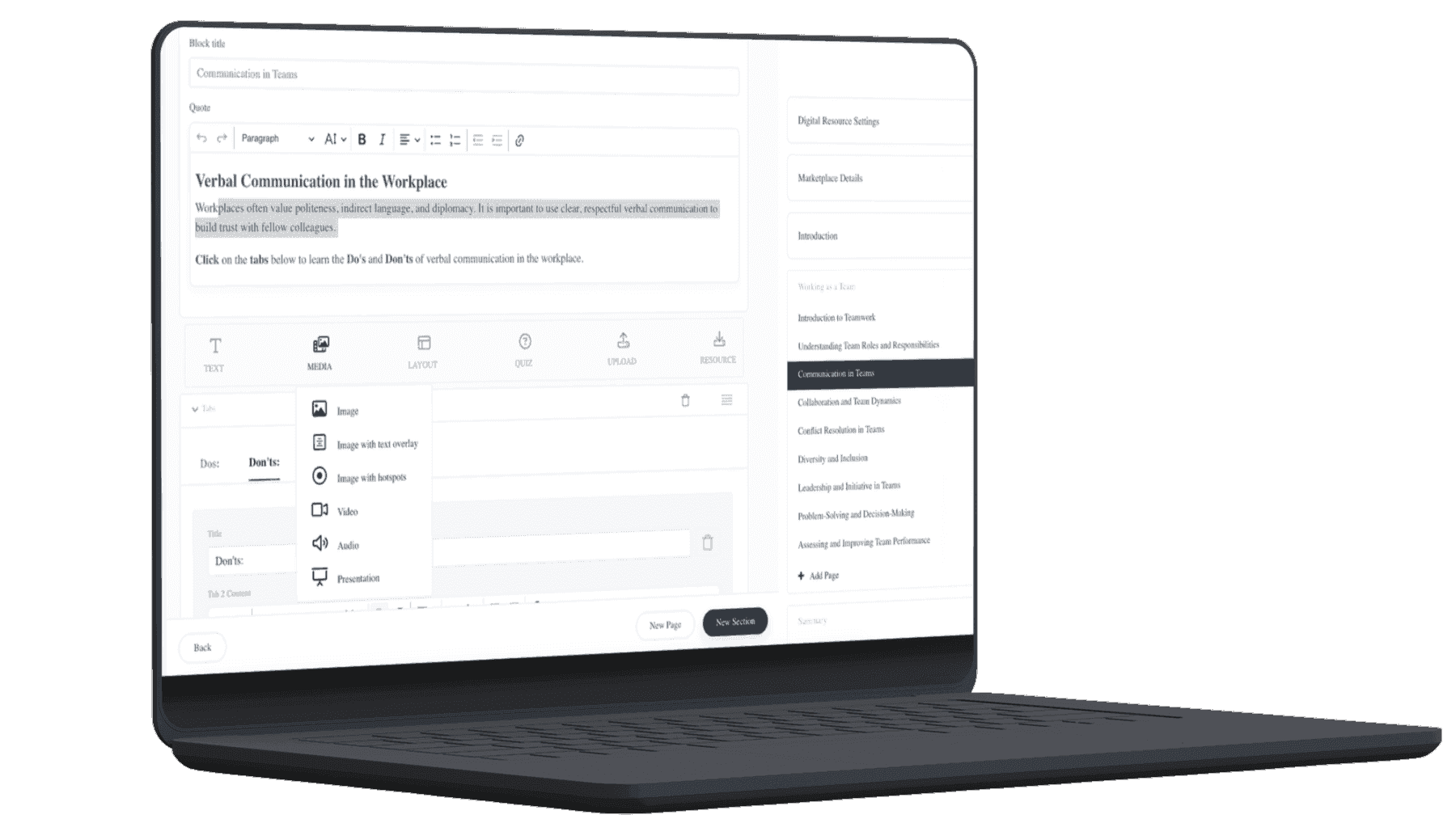 The content authoring interface on a laptop
