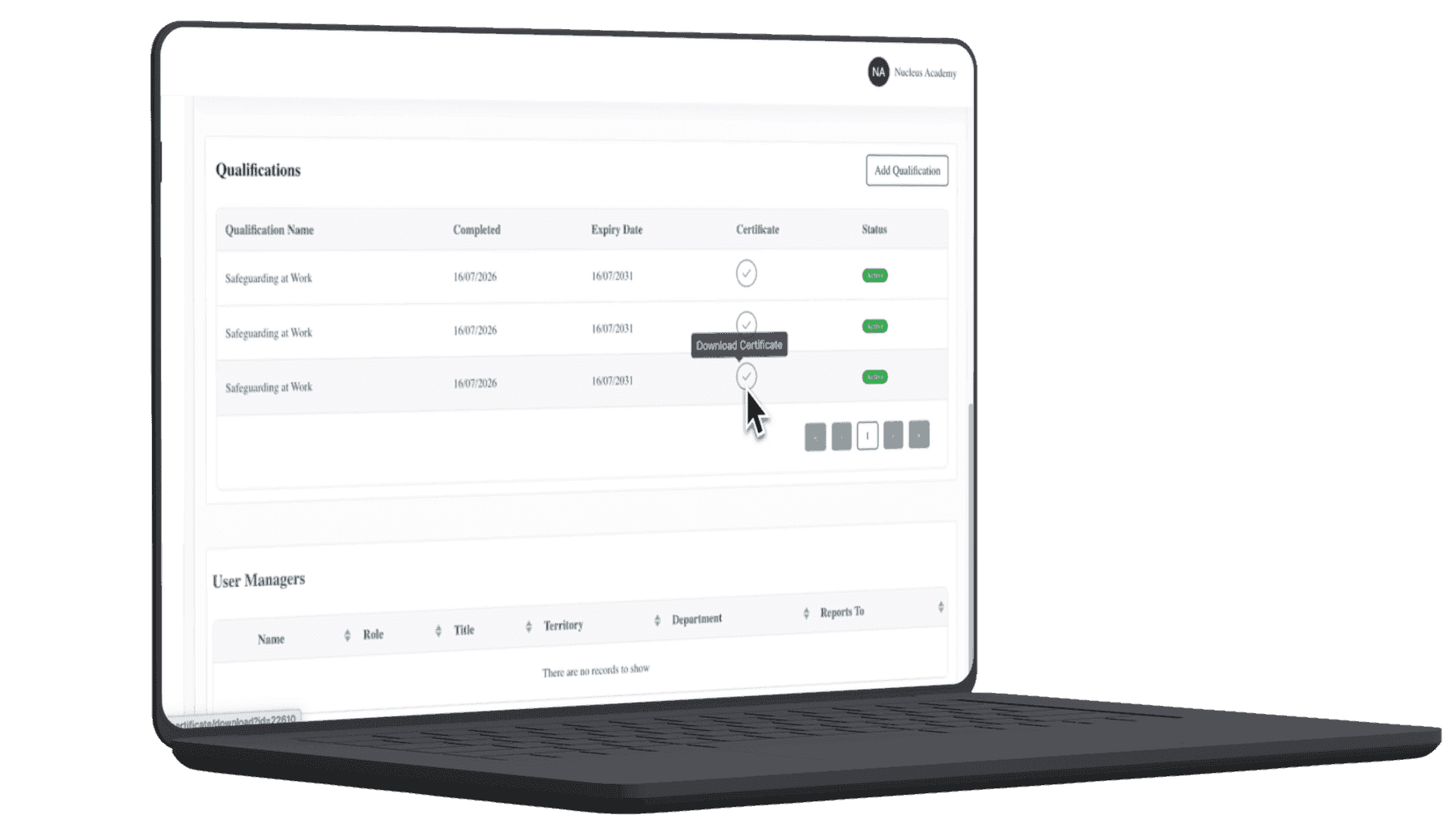 The qualifications and certificate management interface on a laptop