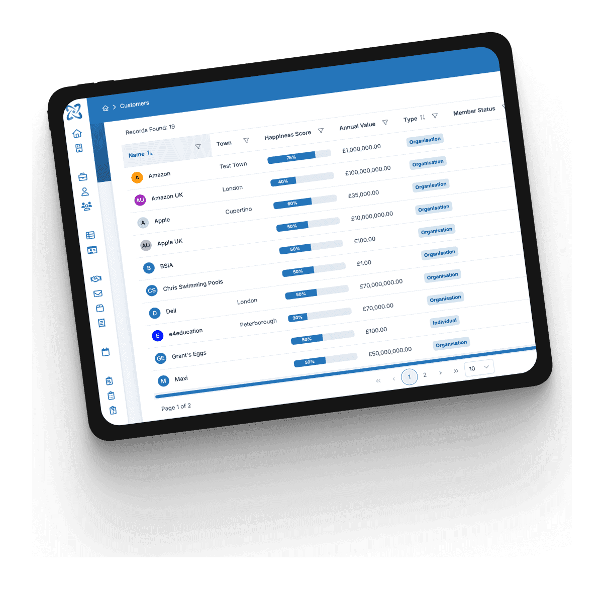 The NucleusOne member records list on an angled tablet