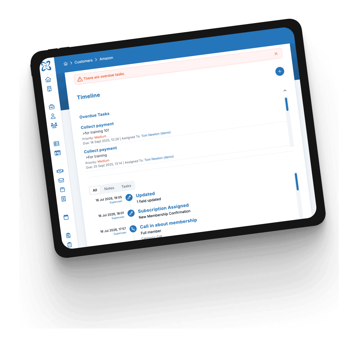 A NucleusOne member timeline and activity view on an angled tablet
