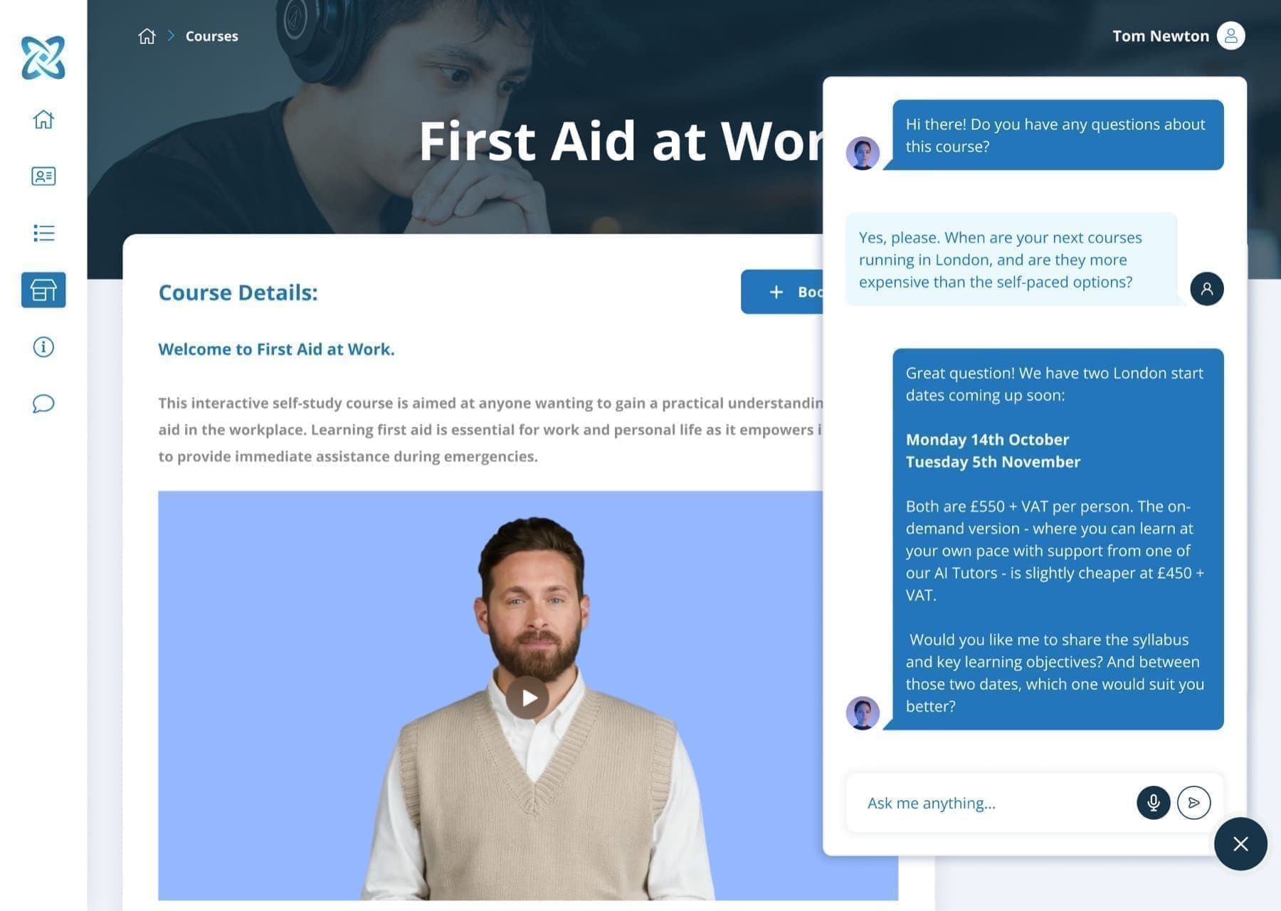 A NucleusOne learning course with an AI assistant answering a learner's question