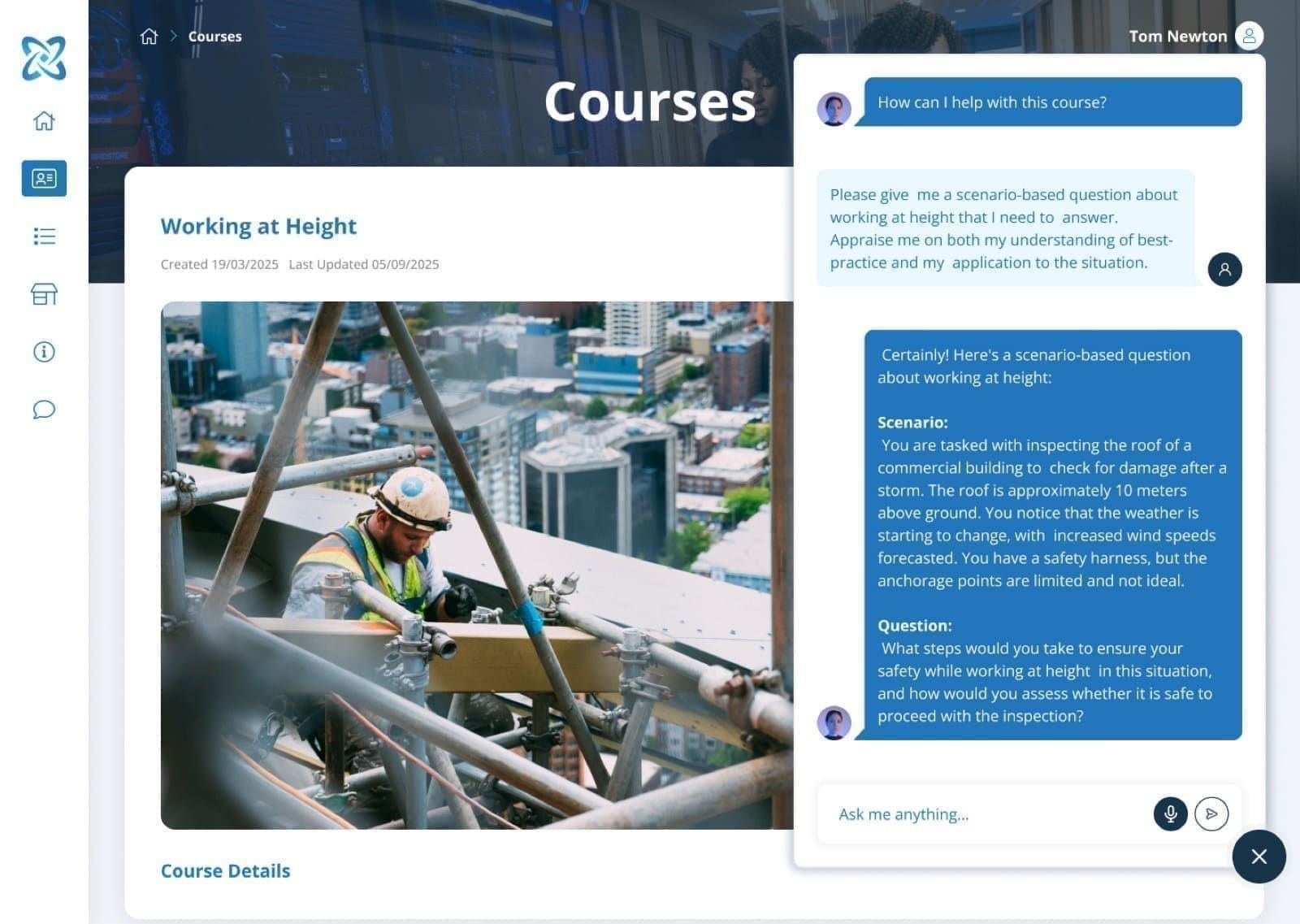 A NucleusOne course with an AI tutor setting a scenario-based question for a learner