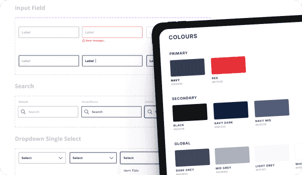 A design system showing colours and form components